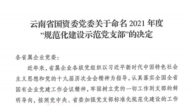 热烈祝贺！云煤（NG体育）集团所属2个党支部被命名为省国资委2021年度“规范化建设示范党支部”
